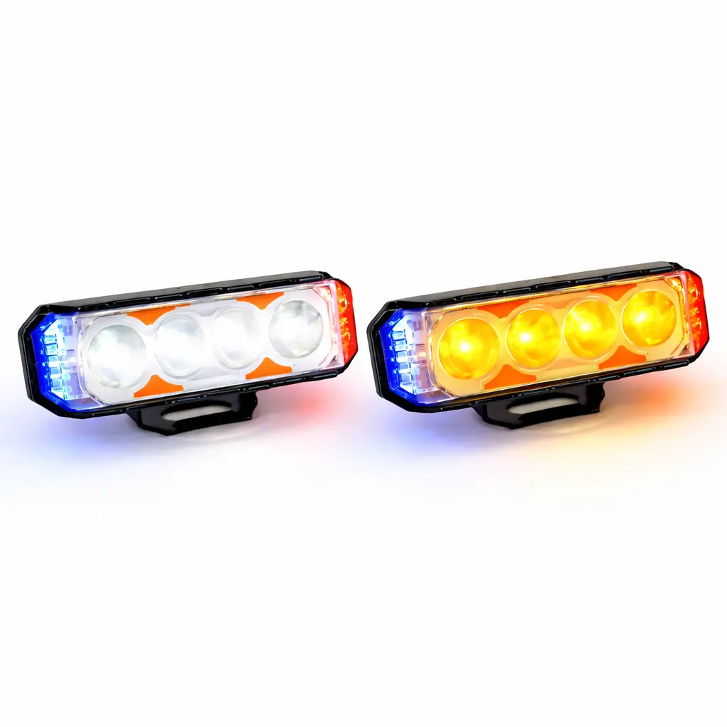 Faro rectangular LED con 4 lupas bicolor y cuarto patrulla