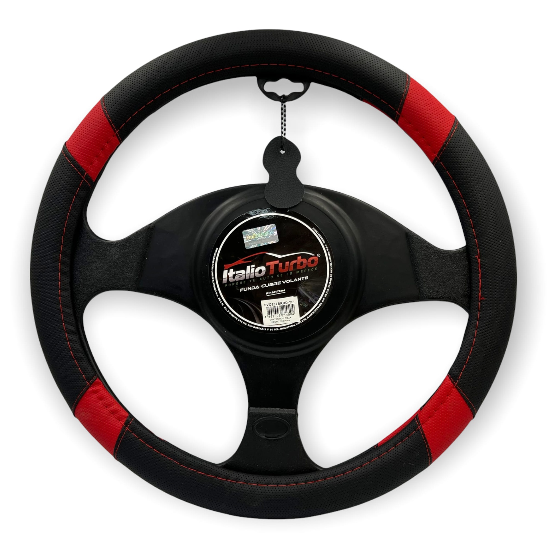 Funda cubrevolante de vinipiel negro con detalles en rojo