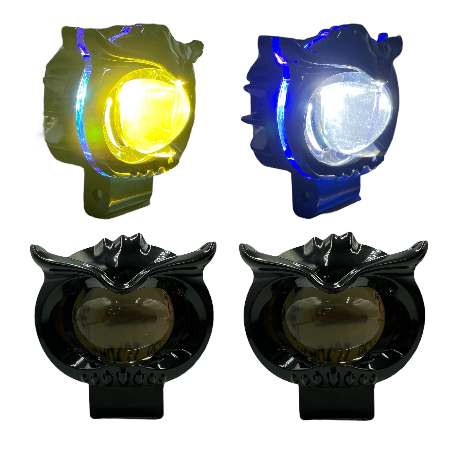 Faro LED tipo buho con lupa y halo intermedio bicolor · Ámbar