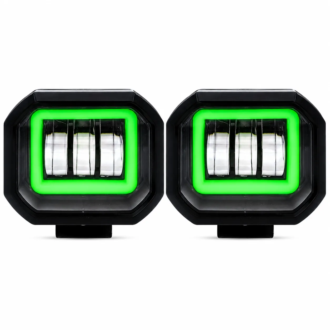 Faro de LED verde cuadrado con 3 lupas y arillo de gel