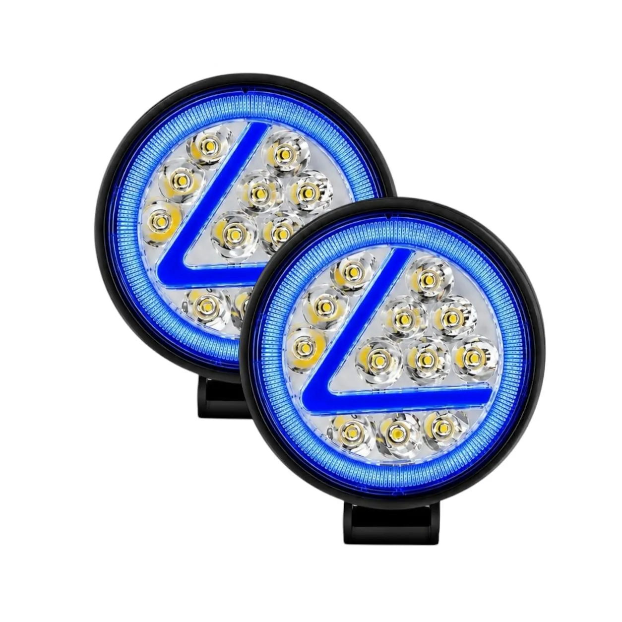 Faro LED circular luz blanca y "Aro y <" de color azul